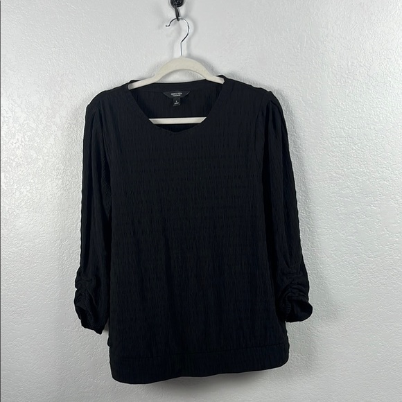 Simply Vera Wang Knit Blouse Sz L Black Crinkle Texture Ruched 3/4 Sleeves Chic - Picture 1 of 9
